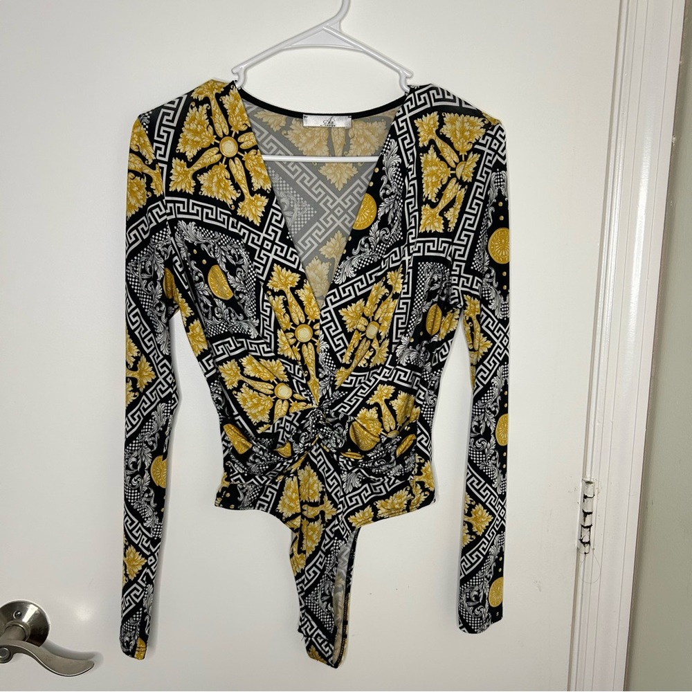A3 Design Black, Gold Patterned Long Sleeve Wrap Bodysuit